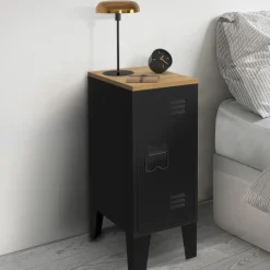 Tables de chevet industrielles plateau bois façon hêtre avec porte métal noir