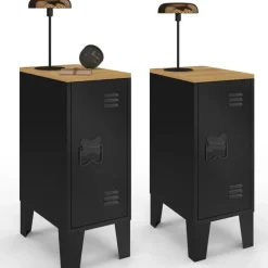 Tables de chevet industrielles plateau bois façon hêtre avec porte métal noir