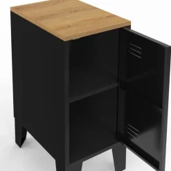 Tables de chevet industrielles plateau bois façon hêtre avec porte métal noir