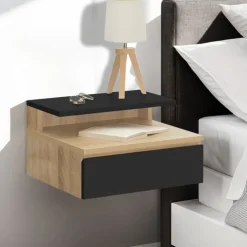Tables de chevet murales bois façon hêtre et noires avec tiroir et tablette