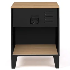 Tables de chevet noires bois façon hêtre et métal style industriel