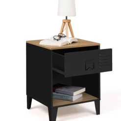 Tables de chevet noires bois façon hêtre et métal style industriel