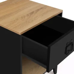 Tables de chevet noires bois façon hêtre et métal style industriel
