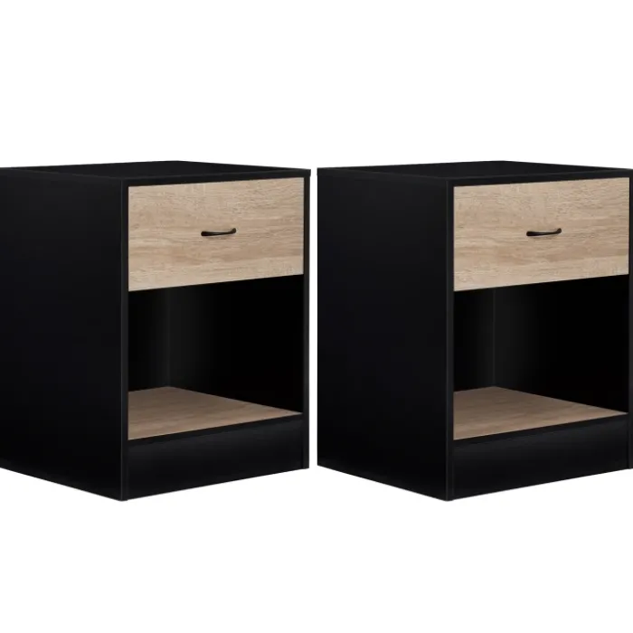 Tables de nuit en bois noir et façon hêtre avec tiroir