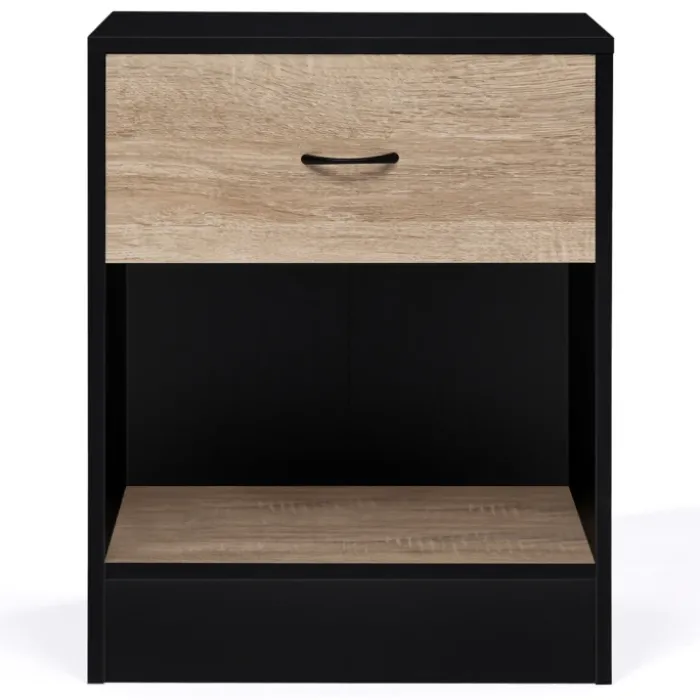 Tables de nuit en bois noir et façon hêtre avec tiroir