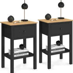 Tables de nuit noire et bois avec tiroir et tablette