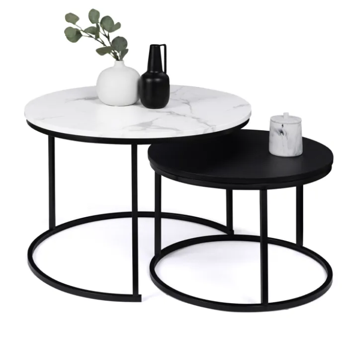 Tables gigognes rondes effet marbre et bois noir