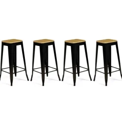 Tabourets de bar bois et métal noir empilables x4