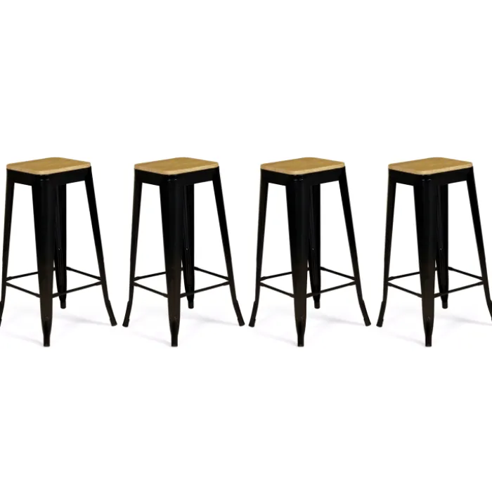 Tabourets de bar bois et métal noir empilables x4