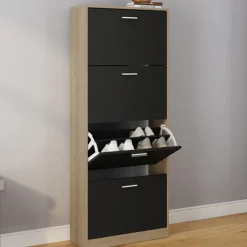 Étagère à chaussures imitation hêtre avec 4 portes noires