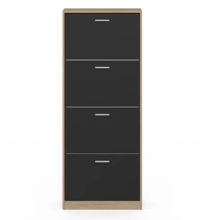 Étagère à chaussures imitation hêtre avec 4 portes noires