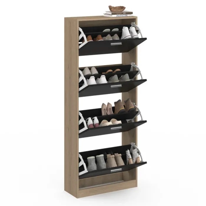 Étagère à chaussures imitation hêtre avec 4 portes noires