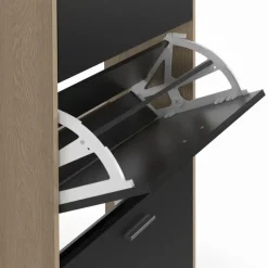 Étagère à chaussures imitation hêtre avec 4 portes noires