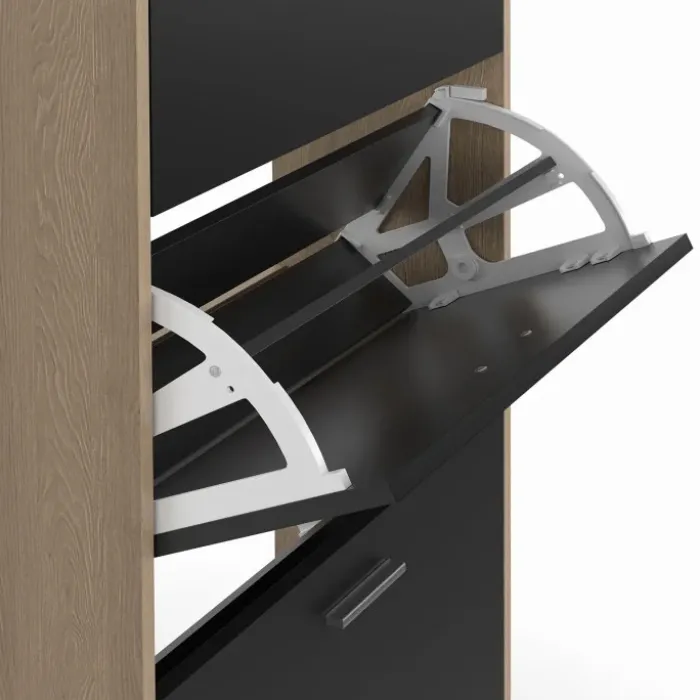 Étagère à chaussures imitation hêtre avec 4 portes noires