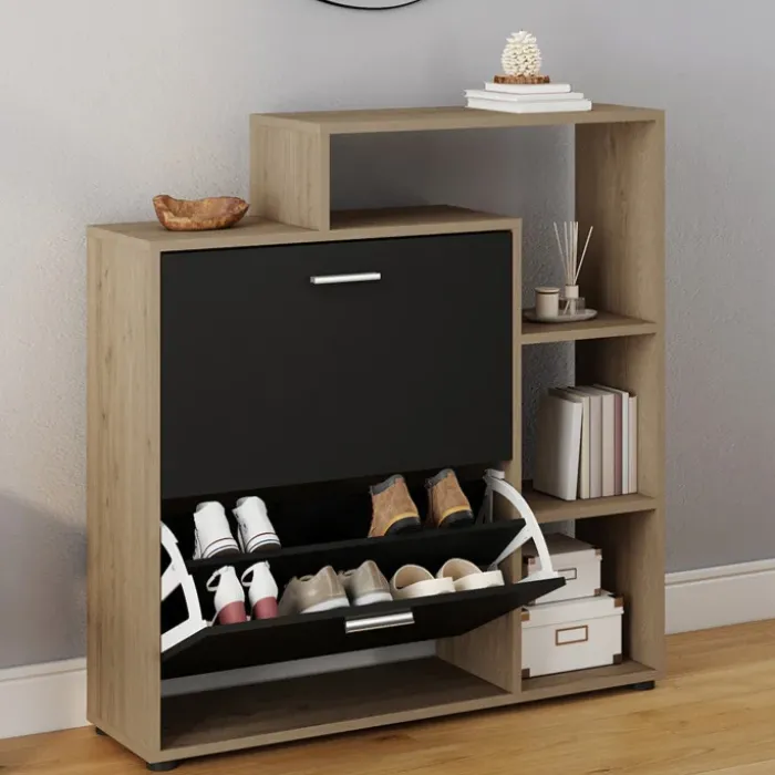 Étagère à chaussures imitation hêtre avec 2 portes noires