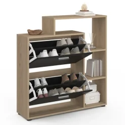 Étagère à chaussures imitation hêtre avec 2 portes noires