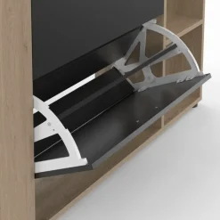 Étagère à chaussures imitation hêtre avec 2 portes noires