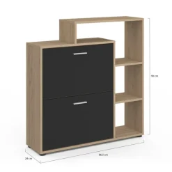 Étagère à chaussures imitation hêtre avec 2 portes noires