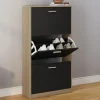 Étagère à chaussures imitation hêtre et portes noires