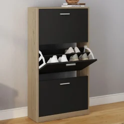Étagère à chaussures imitation hêtre et portes noires