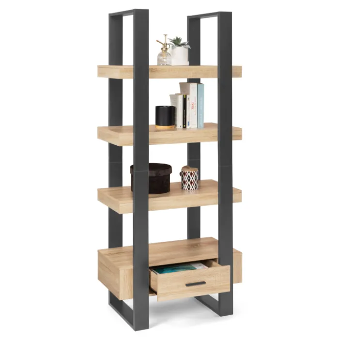 Étagère 4 niveaux industrielle bois et noir avec tiroir