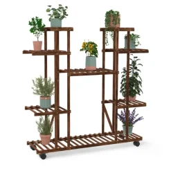 Étagère à pots de fleurs en bois de sapin 8 niveaux et roulettes