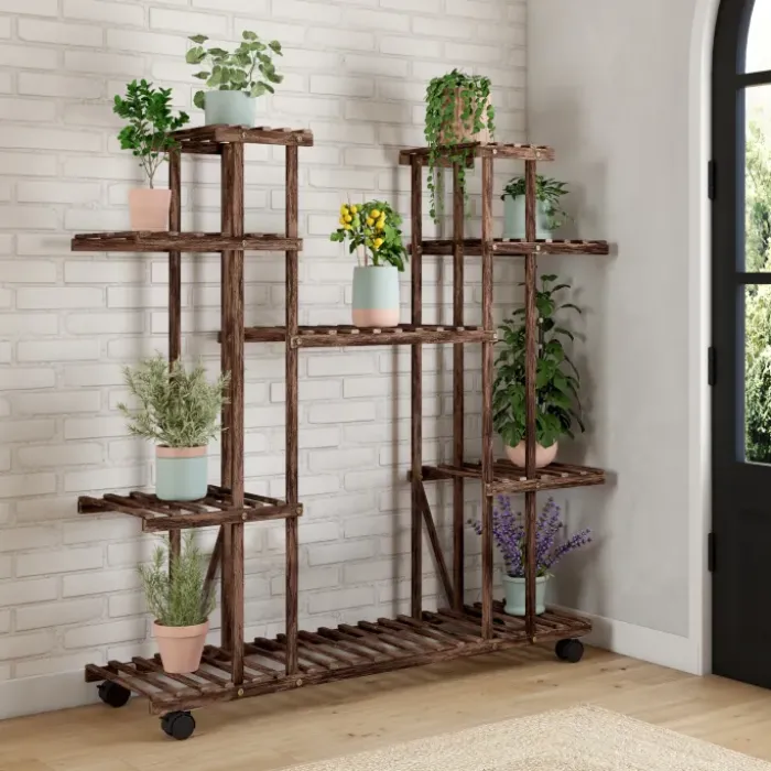 Étagère à pots de fleurs en bois de sapin 8 niveaux et roulettes