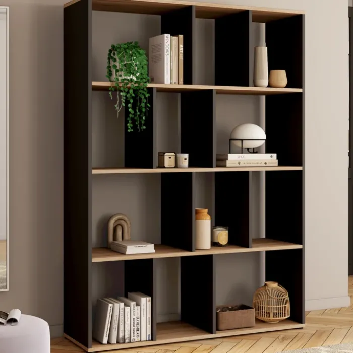 Étagère bibliothèque 4 niveaux noir et effet bois 143 cm