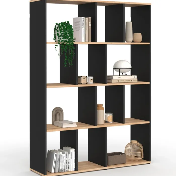Étagère bibliothèque 4 niveaux noir et effet bois 143 cm