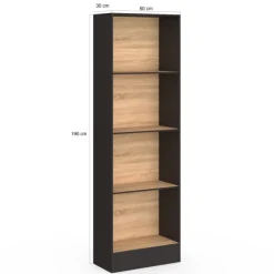 Étagère bibliothèque 5 niveaux noir et effet bois H.190cm