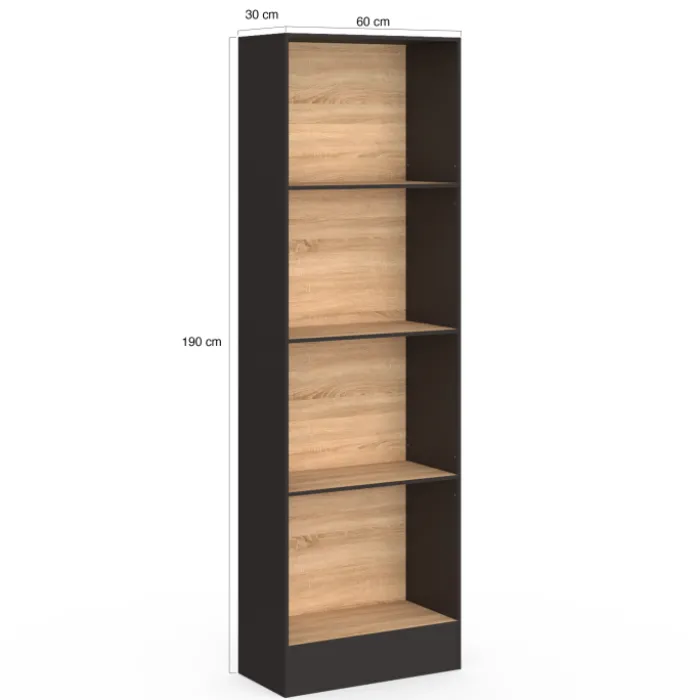 Étagère bibliothèque 5 niveaux noir et effet bois H.190cm