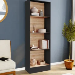 Étagère bibliothèque 5 niveaux noir et effet bois H.190cm