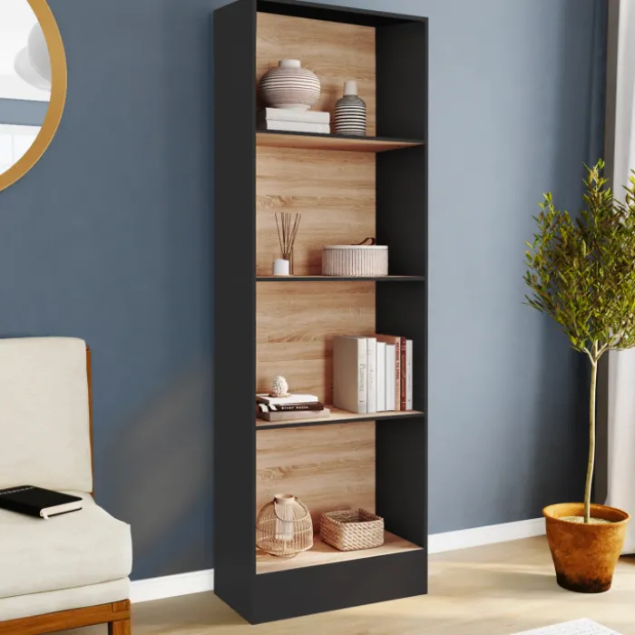 Étagère bibliothèque 5 niveaux noir et effet bois H.190cm