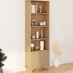 Étagère bibliothèque bois coloris chêne 4 niveaux avec placard lattes tasseau