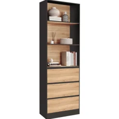 Étagère bibliothèque bois et noir 3 tiroirs 3 niveaux H.190cm
