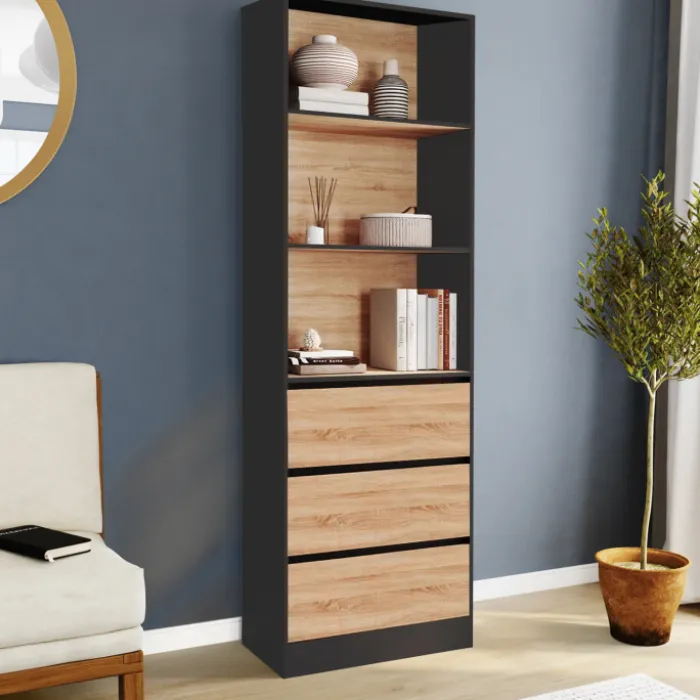Étagère bibliothèque bois et noir 3 tiroirs 3 niveaux H.190cm