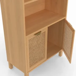 Étagère bibliothèque cannage et bois 4 niveaux avec placard