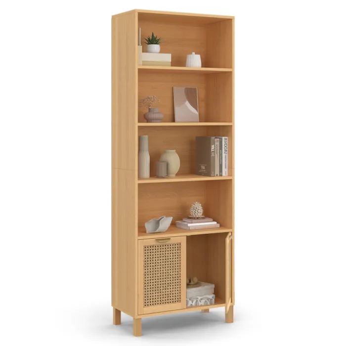 Étagère bibliothèque cannage et bois 4 niveaux avec placard