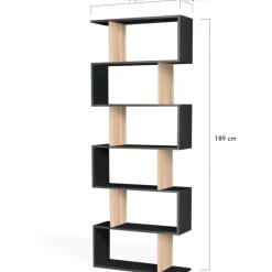 Étagère bibliothèque en S 189cm bois façon hêtre et noir