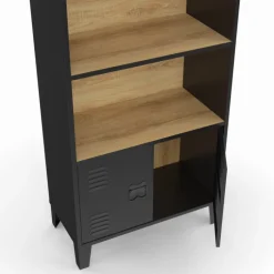 Étagère bibliothèque industrielle bois et noir 4 niveaux avec placard portes métalliques