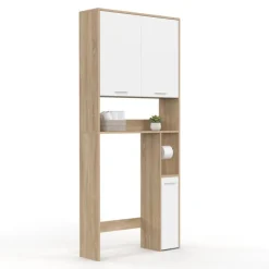 Étagère dessus WC blanc et bois façon hêtre avec dévidoir à papier