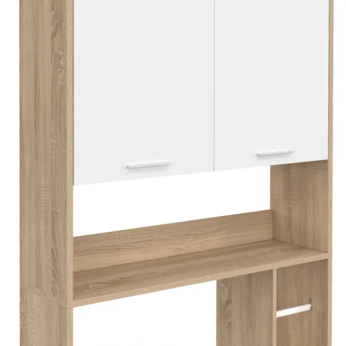 Étagère dessus WC blanc et bois façon hêtre avec dévidoir à papier