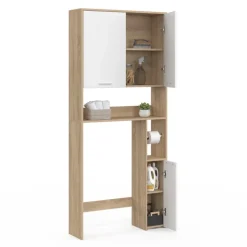 Étagère dessus WC blanc et bois façon hêtre avec dévidoir à papier