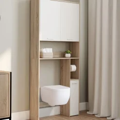 Étagère dessus WC blanc et bois façon hêtre avec dévidoir à papier