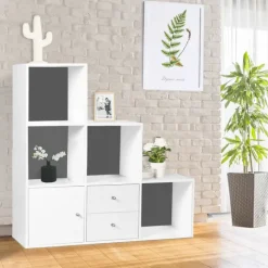 Étagère escalier bois blanc fond gris 6 cases