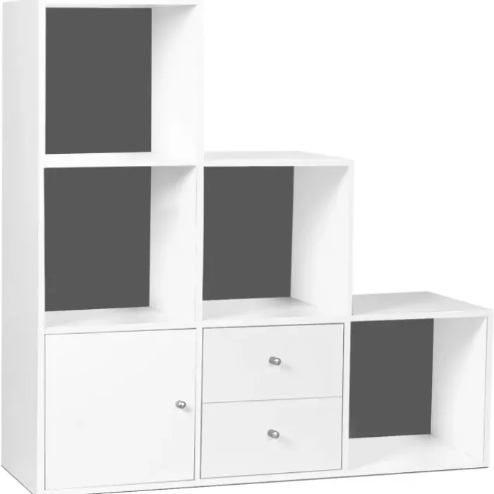Étagère escalier bois blanc fond gris 6 cases