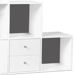 Étagère escalier bois blanc fond gris 6 cases