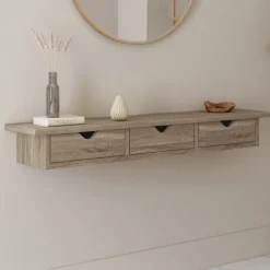 Étagère murale console d'entrée bois façon hêtre 3 tiroirs