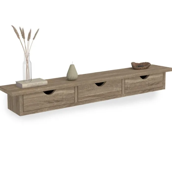 Étagère murale console d'entrée bois façon hêtre 3 tiroirs