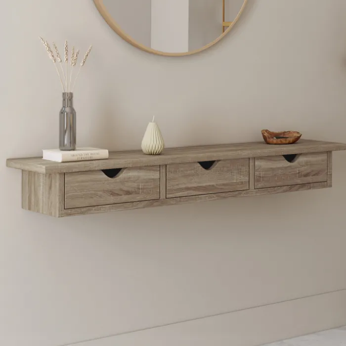 Étagère murale console d'entrée bois façon hêtre 3 tiroirs